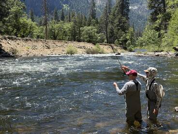 Two anglers engaged in fly fishing in a scenic river surrounded by lush greenery, showcasing a peaceful outdoor fishing experience.