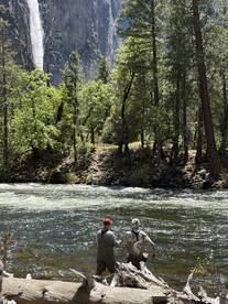 Two anglers fishing in a scenic river setting near a waterfall, surrounded by lush greenery.