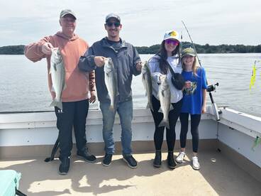 A family proudly displaying their catch of striped bass while fishing on a lake, showcasing a fun day on the water.
