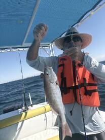 An angler proudly displaying a freshly caught Snapper while fishing on a boat in open waters.