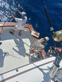 Two anglers actively fishing on a charter boat, with one reeling in a catch while the other prepares to cast. The vibrant blue ocean provides a stunning backdrop.