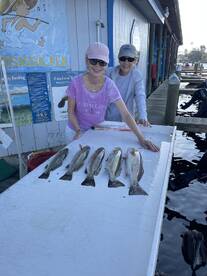 Two women proudly displaying their catch of several Speckled Trout on a cleaning table at a marina in Florida.