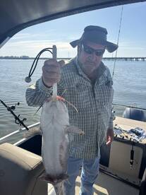 An angler proudly displaying a large catfish while fishing from a boat, showcasing a successful day on the water.