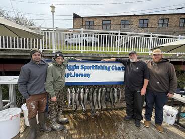 A group of four anglers proudly posing in front of their catch, showcasing several fish displayed on a board after a successful fishing trip.