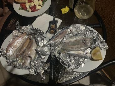 A variety of freshly caught fish displayed on plates, wrapped in foil, accompanied by a lemon slice, showcasing a delightful seafood meal.