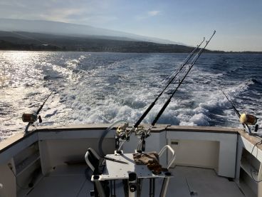 View from the helm of a fishing boat, showcasing the fishing rods and the wake created by the boat as it moves through the water.