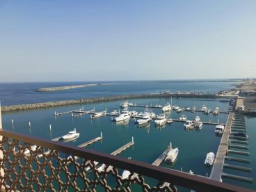 A scenic view of a marina featuring multiple boats docked in calm waters, showcasing a clear sky and well-maintained facilities.