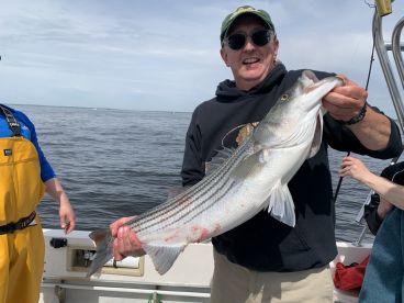 An angler proudly displaying a large Striped Bass while fishing on a boat, showcasing a successful day on the water.