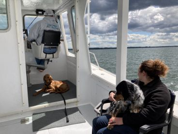 A cozy moment inside the boat with a woman holding a dog while another dog relaxes on the floor, showcasing a comfortable fishing environment.