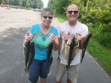 Two anglers proudly displaying their catch of Walleye after a successful fishing trip, showcasing a variety of sizes in a scenic outdoor setting.