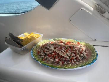 A vibrant display of ceviche accompanied by tortilla chips, set against a backdrop of the ocean from inside a boat.