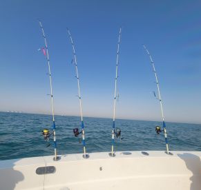 Fishing rods set up in rod holders on a boat, ready for a day of fishing in open waters.