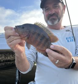An angler proudly displaying a colorful Snapper caught while fishing from a boat.