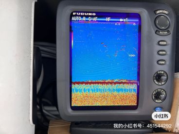 A detailed view of a Furuno fish finder displaying underwater structures and potential fish locations, showcasing the electronics used for navigation and fishing.
