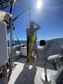 An angler proudly displaying a large Mahi Mahi on a fishing boat, showcasing a successful offshore fishing trip.