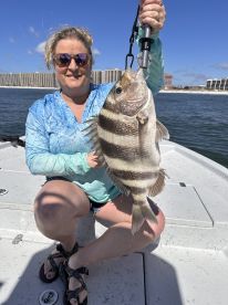 An angler proudly displaying a large Sheepshead caught while fishing from a boat, with a scenic coastal backdrop.