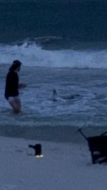 A young angler is reeling in a shark while standing in the surf, showcasing an exciting catch during a night fishing session.