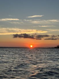 A scenic sunset over the water, capturing the tranquil beauty of the fishing environment.