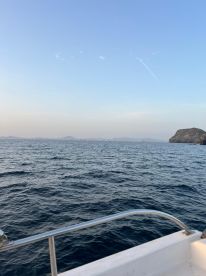 A scenic view from the side of a boat, showcasing the calm waters and distant land formations during a fishing trip.