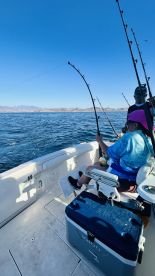 A young angler is actively fishing from a boat, with multiple fishing rods in use against a scenic ocean backdrop.