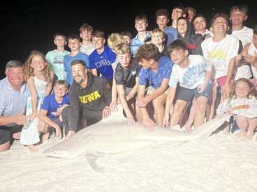 A large shark is displayed on the beach with a group of excited young anglers and adults celebrating their catch during a night fishing trip.